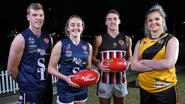 Sam Tharaldsen and Lauren Clifton (Southern Districts), with Blake Tabe (Murray South East) and Tegan Nottle (Central), get set for the SA Country Football Championships at Victor Harbor. Picture: Mark Brake