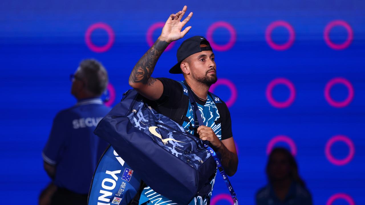 Kyrgios arrives for his charity clash with Novak Djokovic. Picture: Getty