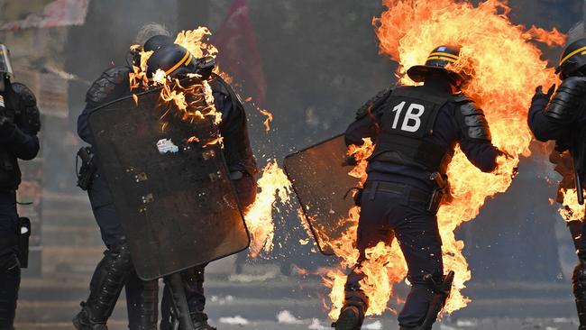 Demonstrators confront police on the annual May Day worker’s march in Paris, France where officers dealt with violent scenes during the rally held close to the Place de la Bastille. Picture: Jeff J Mitchell/Getty Images