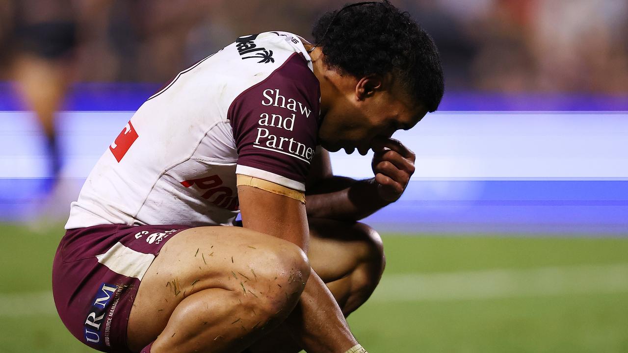 PENRITH, AUSTRALIA - JUNE 09: Tolutau Koula of the Sea Eagles looks on dejected during the round 14 NRL match between Penrith Panthers and Manly Sea Eagles at BlueBet Stadium, on June 09, 2024, in Penrith, Australia. (Photo by Jeremy Ng/Getty Images)