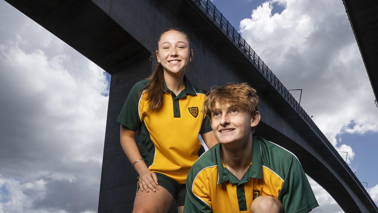 Students Fletcher Doyle, 15, and Mackenzie Newberry, 14, gear up for this year’s Bridge to Brisbane. Picture: Lachie Millard