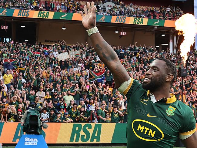 Springboks captain Siya Kolisi acknowledges his country’s supporters at Brisbane’s Suncorp Stadium. Picture: Regi Varghese/Getty Images