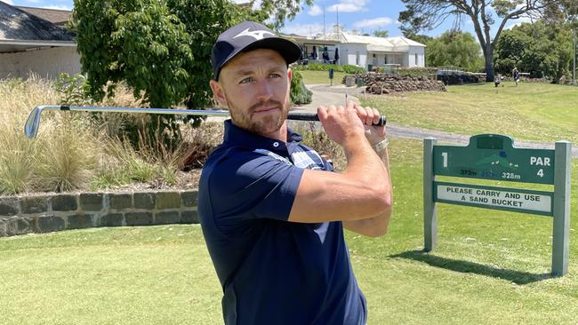 Devon Smith in action on the first tee at Mt Derrimut Golf and Community Club. Picture: Max Hatzoglou