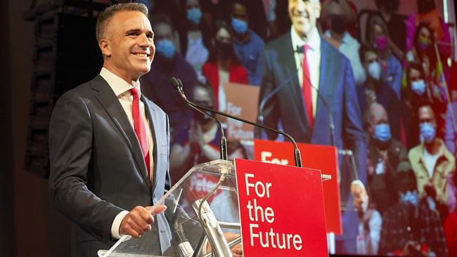 South Australian Labor Leader Peter Malinauskas on the stage at the official Labor Campaign launch. Picture: Ben Baker