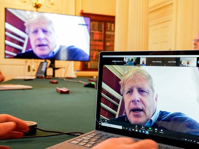 British Prime Minister Boris Johnson works from home video link. Picture: AFP