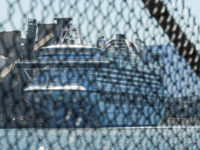 Contaminated cruise ship Ruby Princess berths in Port Kembla south of Sydney, NSW as the crew undergo investigation due to a coronavirus outbreak Wednesday, April 15, 2020. (The Australian/Simon Bullard)