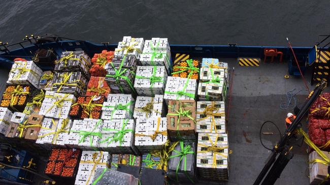 Extra supplies being loaded onto the Zaandam in Punta Arenas, Chile. Picture: David Grant