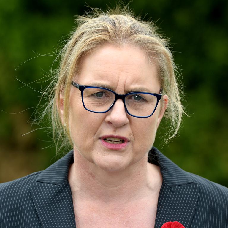 Victorian Premier Jacinta Allan speaks to the media after Remembrance Day commemorations at the Shine. Picture: Andrew Henshaw