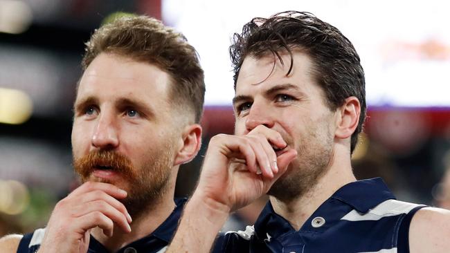 GEELONG, AUSTRALIA - JULY 07: Zach Tuohy of the Cats and Isaac Smith of the Cats celebrate during the 2022 AFL Round 17 match between the Geelong Cats and the Melbourne Demons at the GMHBA Stadium on July 07, 2022 in Geelong, Australia. (Photo by Dylan Burns/AFL Photos via Getty Images)