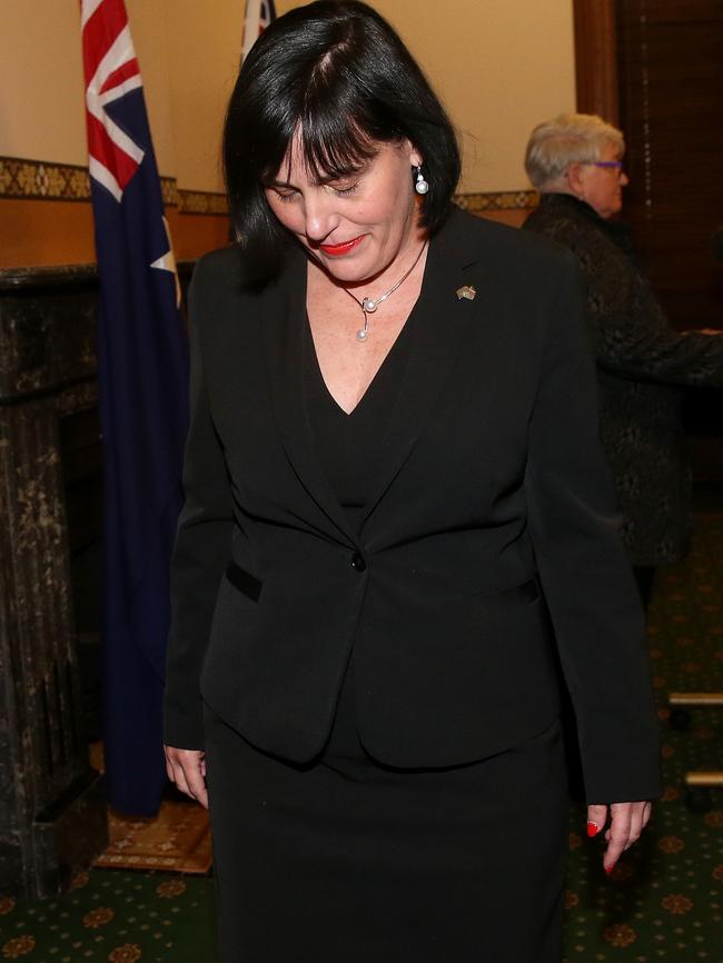 Minister Leesa Vlahos leaves mid-press conference. Picture: Calum Robertson