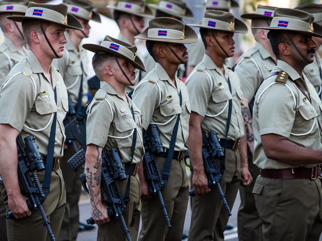 More than 200 soldiers from 8th/12th Regiment, Royal Australian Artillery at the Freedom of Entry march through Palmerston on Friday. Picture: Pema Tamang Pakhrin