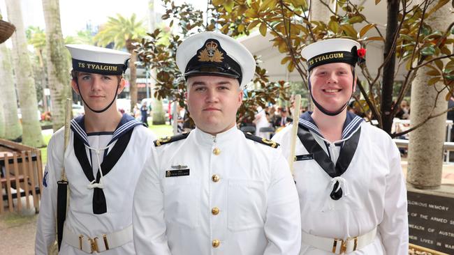 Kurt Lane, Jack Falcke and Jonas Champion at the Surfers Paradise RSL Anzac Day noon service 2025 at Cavill Park for Gold Coast at Large. Picture, Portia Large.