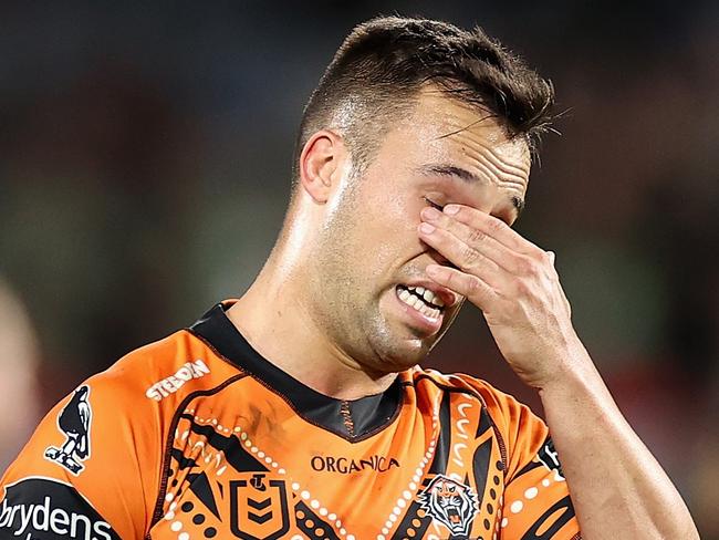 SYDNEY, AUSTRALIA - MAY 28: Luke Brooks of the Wests Tigers looks on during the round 12 NRL match between the South Sydney Rabbitohs and the Wests Tigers at Accor Stadium, on May 28, 2022, in Sydney, Australia. (Photo by Cameron Spencer/Getty Images)