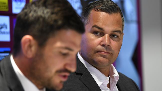 Brisbane Broncos coach Anthony Seibold watches player Matt Gillett as he announces his retirement due to a shoulder injury in Brisbane, Thursday, October 31, 2019. (AAP Image/Dan Peled) NO ARCHIVING