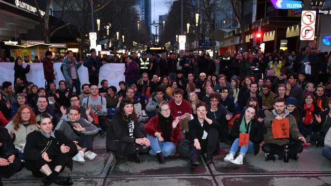 Protesters outsidedisrupt Melbourne Central. Picture: Jake Nowakowski