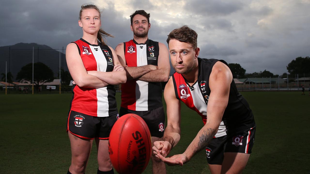 Cairns Saints grand final captains Freya Reilly, Brock Bish and Cade Wellington. Picture: Brendan Radke