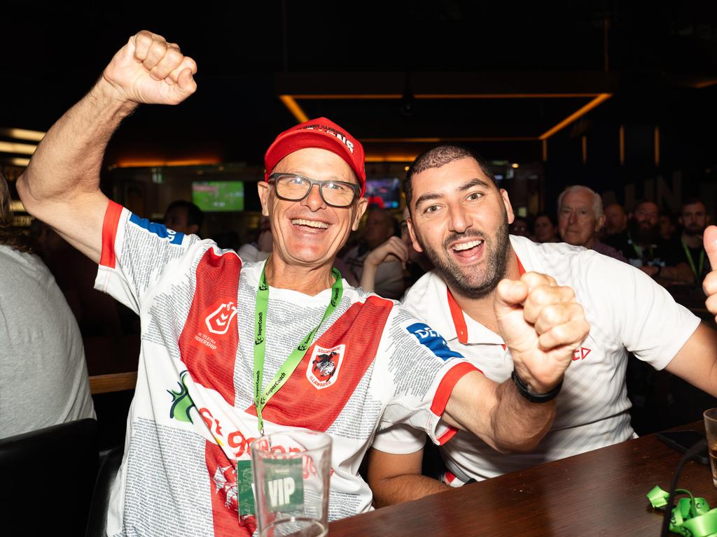 NRL fans, Wayne Walters and Evan Psarras get excited at the SuperCoach Viva non-Vegas Party at the Star Casino in Sydney. Picture: Tom Parrish