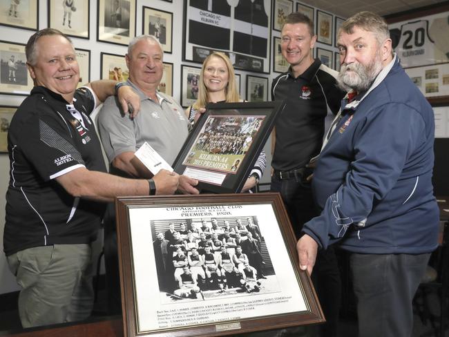 Barry Ramsey,(2ndL) founder and Tim Kelly,(2ndR), Director of the Cobras Foundation, with Craig Warman, (R),President of the Southern Football League, with Port Adelaide/Enfield councillor Barbara Clayton. The Cobras Foundation donated $2000 to Kilburn Footy Club via Finance Director, Danny Park.(L) 11 October 2019. Picture Dean Martin