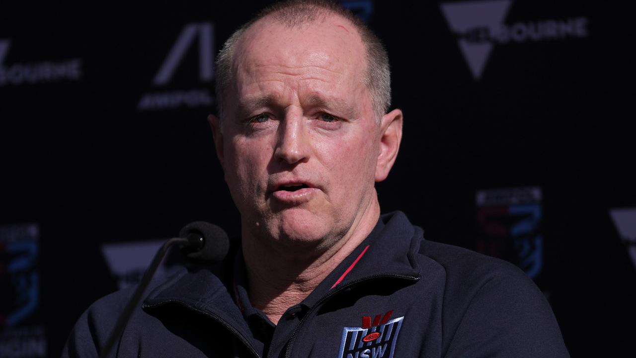 MELBOURNE, AUSTRALIA - JUNE 25: NSW Blues coach Michael Maguire speaks during a State of Origin media opportunity at Federation Square on June 25, 2024 in Melbourne, Australia. (Photo by Daniel Pockett/Getty Images)