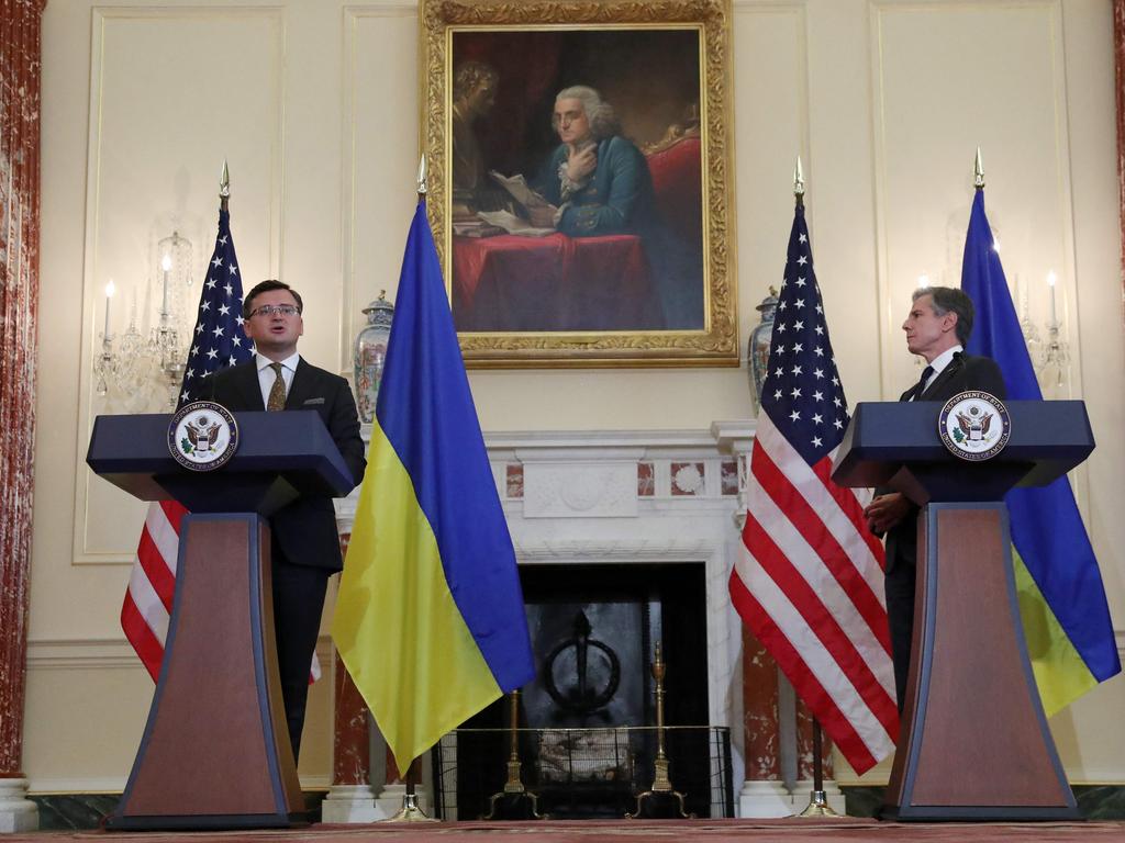 US Secretary of State Antony Blinken and Ukraine’s Foreign Minister Dmytro Kuleba hold a news conference following the US-Ukraine Strategic Dialogue talks in Washington, D.C. on November 10, 2021. Picture: Leah Millis/AFP