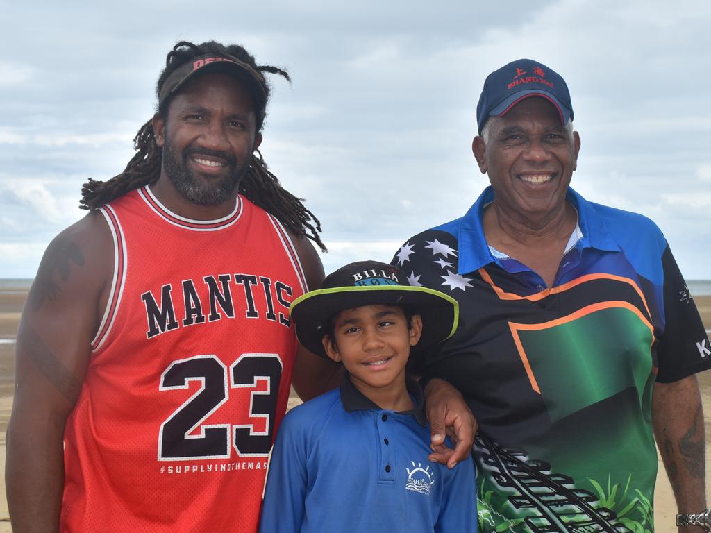 Jardine Bobongie, Bronx Bobongie and Nigel Mann at the Mackay & District South Sea islander Association's 2022 Australia Day Celebrations in Quota Park. Picture: Lillian Watkins