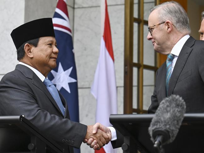 CANBERRA, Australia - NewsWire Photos - August 20, 2024: President-elect Prabowo Subianto, Prime Minister Anthony Albanese and Deputy Prime Minister and Minister for Defence, Richard Marles hold a press conference at Parliament House in Canberra. Picture: NewsWire / Martin Ollman