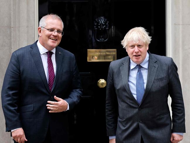 Scott Morrison will confirm details of a free-trade agreement on Tuesday, after breakthrough talks with Boris Johnson in London. Picture: Tolga Akmen / AFP