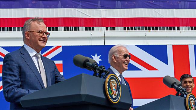 Anthony Albanese, Joe Biden and Rishi Sunak hold a press conference after a trilateral meeting during the AUKUS summit last week.