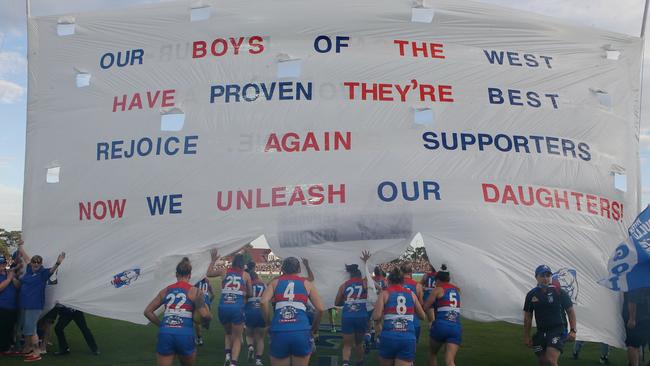 The banner for the first Bulldogs women’s game. Picture: Wayne Ludbey