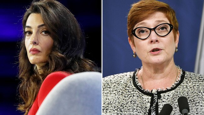 Amal Clooney has clashed with Foreign Minister Marise Payne at a London event. Picture: AFP/AAP