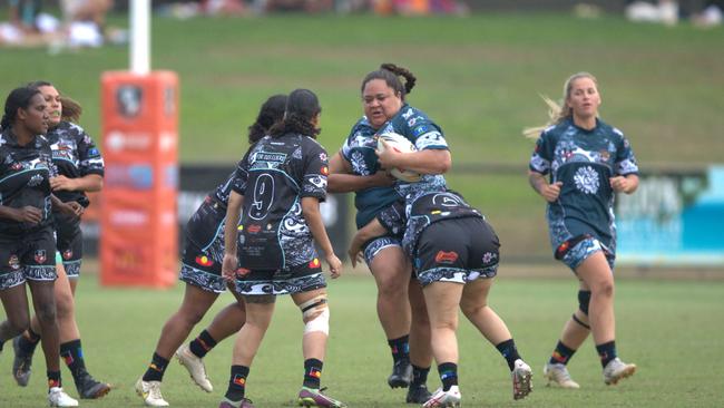 Territory All Stars player Ruti Faatoafe is tackled during the 2023 Deadly Cup Carnival women’s match. Picture: Pema Tamang Pakhrin