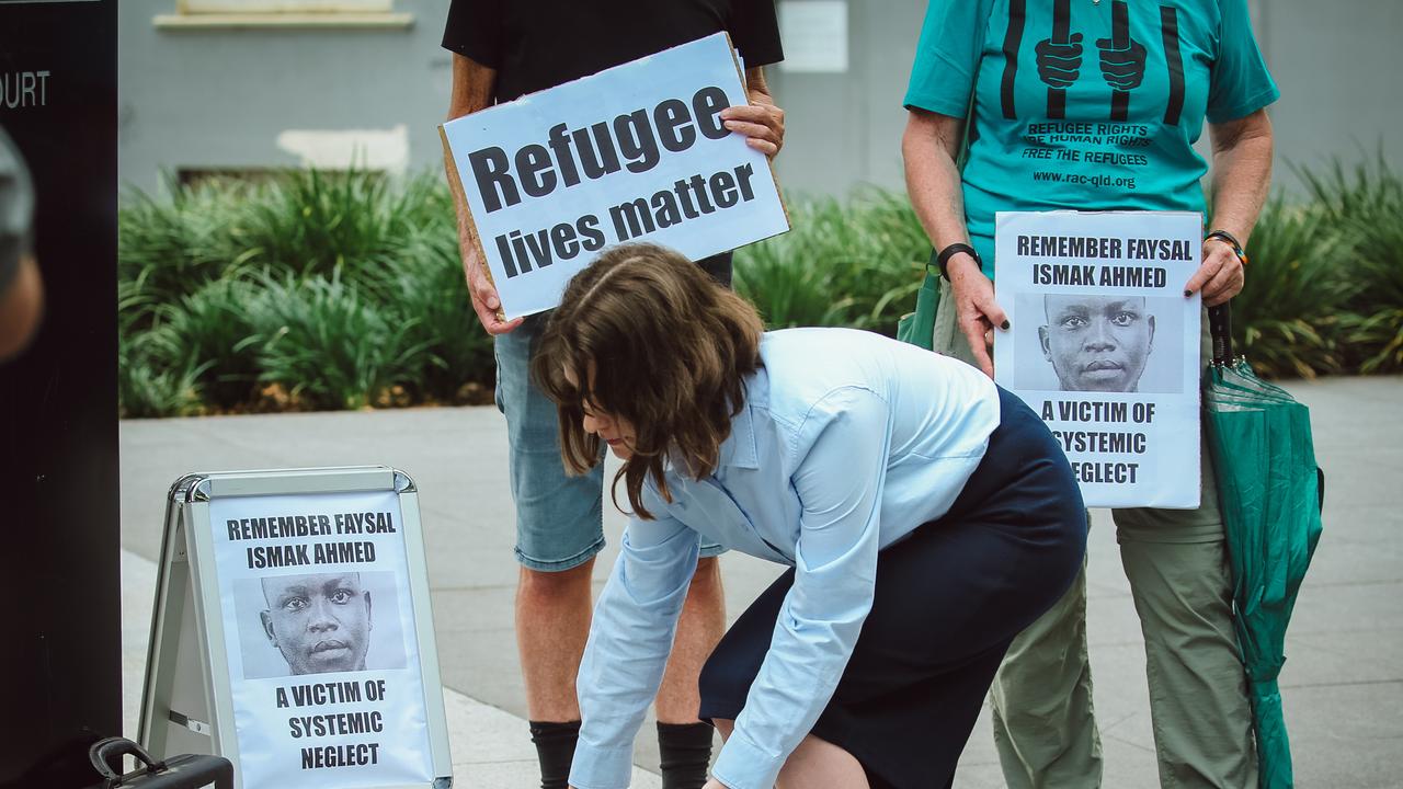 Members of the Brisbane Refugee Action Collective outside the coroners court. Picture: NCA NewsWire / Glenn Campbell