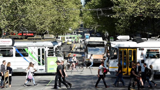 Collins Street and Swanston Street, Melbourne. Picture: Nicole Garmston