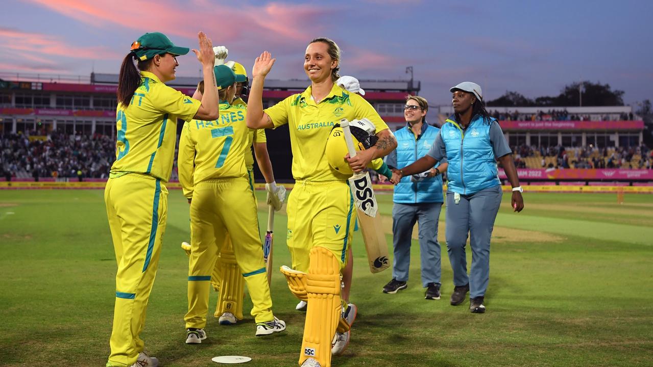 Ash Gardner of Team Australia celebrates with teammates. Photo by Alex Davidson/Getty Images