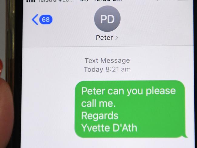 BRISBANE, AUSTRALIA - NewsWire Photos - SEPTEMBER 8, 2021.Queensland Health Minister Yvette D'Ath shows a text message she sent to Defence Minister Peter Dutton, asking him to call her. Mr Dutton denied on Twitter he received a text from Ms D'Ath.Picture: NCA NewsWire / Dan Peled