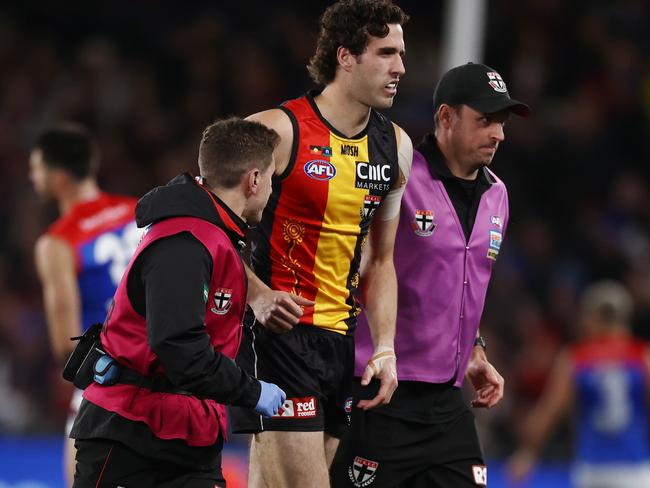 MELBOURNE - July 8 : AFL.  Max King of the Saints injures his shoulder in the opening minutes of the 1st qtr during the round 17 AFL match between St Kilda and Melbourne at Marvel Stadium  on July 8, 2023.  Photo by Michael Klein.