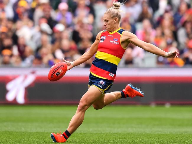 She’s a gem ... ex-Opal Erin Phillips kicks for the Crows during the Grand Final.