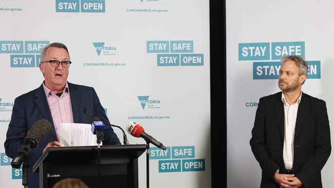 Victorian Minister for Health, Martin Foley and the Victorian Chief Health Officer Brett Sutton announce an outbreak of COVID-19 in the City of Whittlesea. Picture: NCA NewsWire/Ian Currie