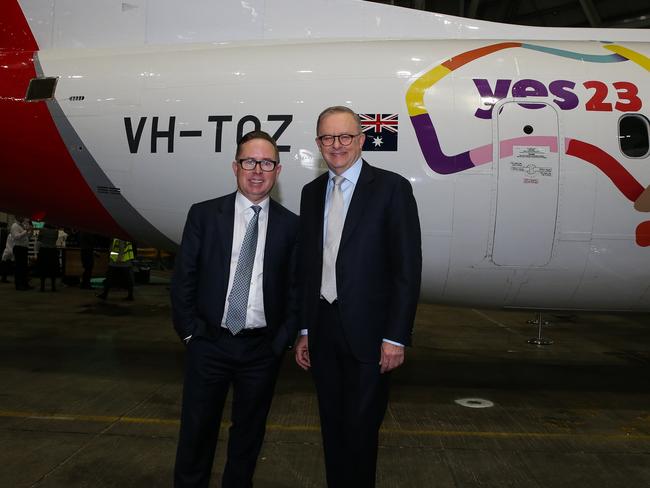 Prime Minister, Anthony Albanese and Qantas CEO Alan Joyce together at the launch of the Qantas 'Yes' Campaign. Picture: NCA Newswire / Gaye Gerard