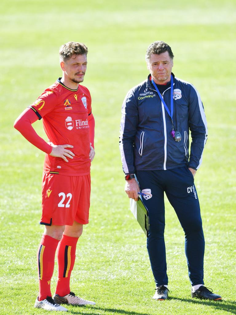 Jakobsen (left, with United coach Carl Veart) lost his licence for six months and had his car impounded. <span style="font-family: Merriweather, Georgia, &#34;Times New Roman&#34;, Times, serif; font-size: 11pt;">Picture: AAP Image/David Mariuz</span>