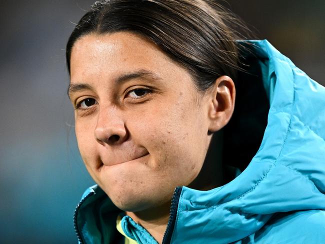 Sam Kerr of Australia reacts during warm up ahead of the FIFA Women's World Cup 2023 soccer match between Australia and the Republic of Ireland at Stadium Australia in Sydney, Thursday, July 20, 2023. (AAP Image/Dan Himbrechts) NO ARCHIVING, EDITORIAL USE ONLY