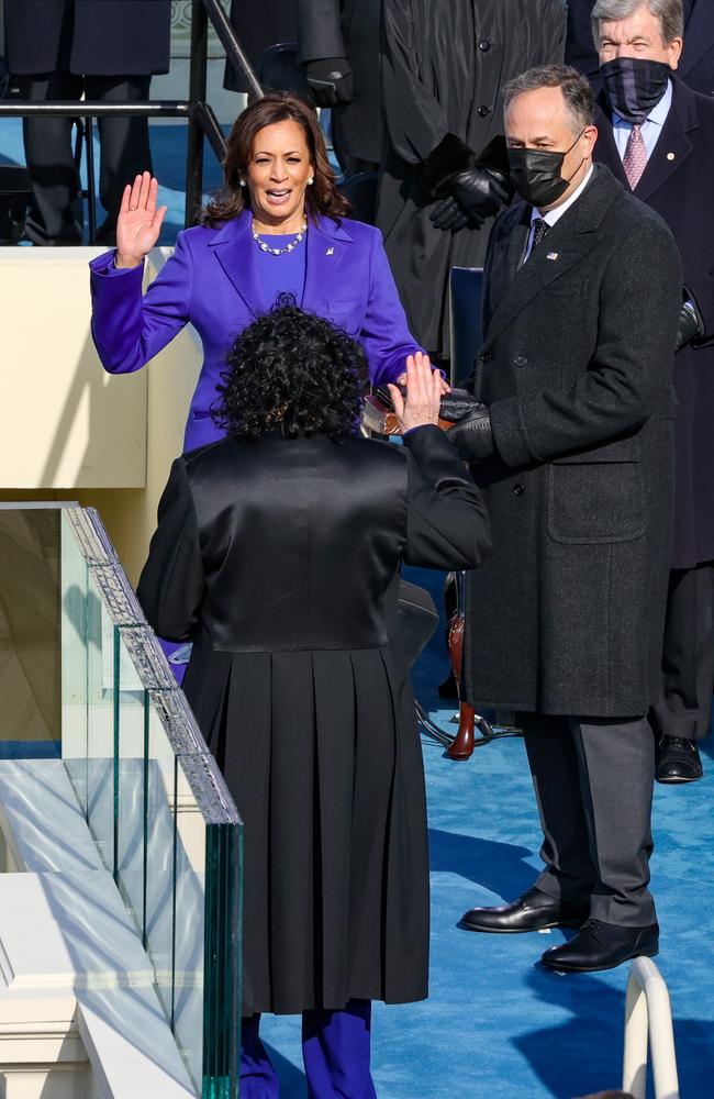 Kamala Harris is sworn as U.S. Vice President by US Supreme Court Associate Justice Sonia Sotomayor as her husband Doug Emhoff looks on. Picture: Getty Images