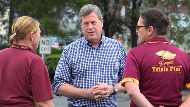 Opposition Leader Tim Nicholls with Yatala Pies managers Susan Porter and Heather Gay after the shop was flooded in the aftermath of Cyclone Debbie. Picture: Jodie Richter