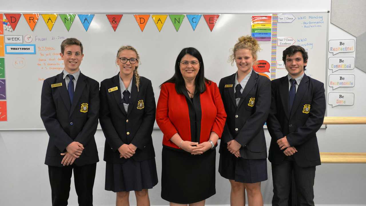 BIG BUDGET: Minister for Education and Industrial Relations, Grace Grace meeting Bundaberg State High School Captains, Alex Buckholz, Tayla Venz, Paris Bell and Dustin Budda-Deen. Picture: Rhylea Millar