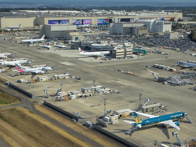 An aerial view of the Boeing factory in Everett, Washington.