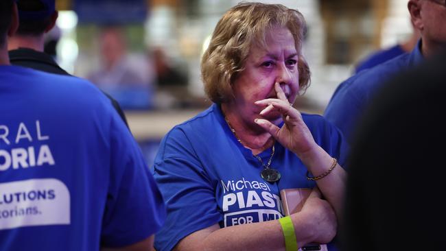 Dejected Liberal Party supporters watch the results as Labor takes victory. Picture: David Caird