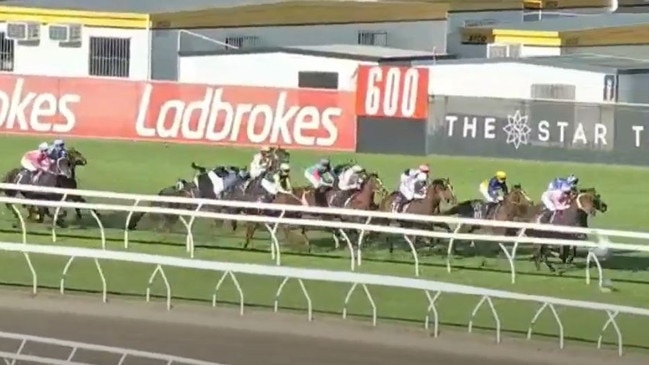 Robbie Dolan falls off Victory Command in race 7 which led to the Eagle Farm meeting being abandoned. Picture: Sky Racing