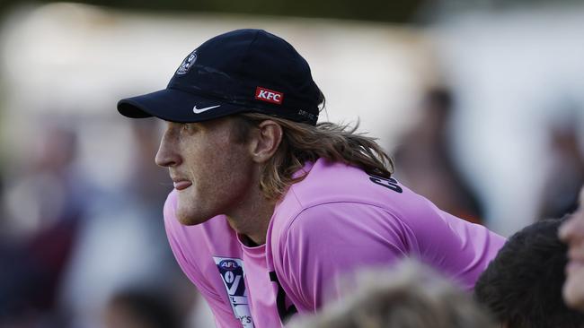 MELBOURNE , AUSTRALIA.February 14 , 2024.  AFL. Collingwood Intraclub practise match at Olympic Park.  Nathan Murphy was the runner during todays match  . Pic: Michael Klein