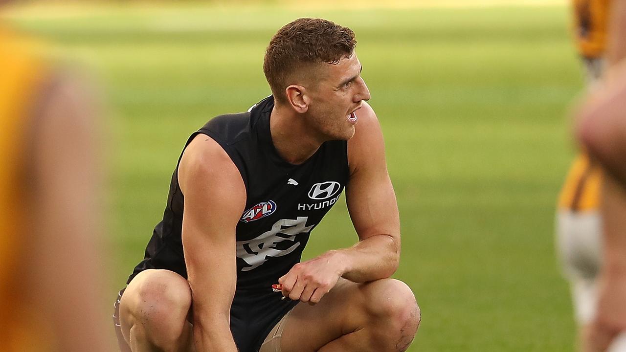 PERTH, AUSTRALIA - JULY 31: Liam Jones of the Blues looks on following the half time siren during the round nine AFL match between the Carlton Blues and the Hawthorn Hawks at Optus Stadium on July 31, 2020 in Perth, Australia. (Photo by Paul Kane/Getty Images)