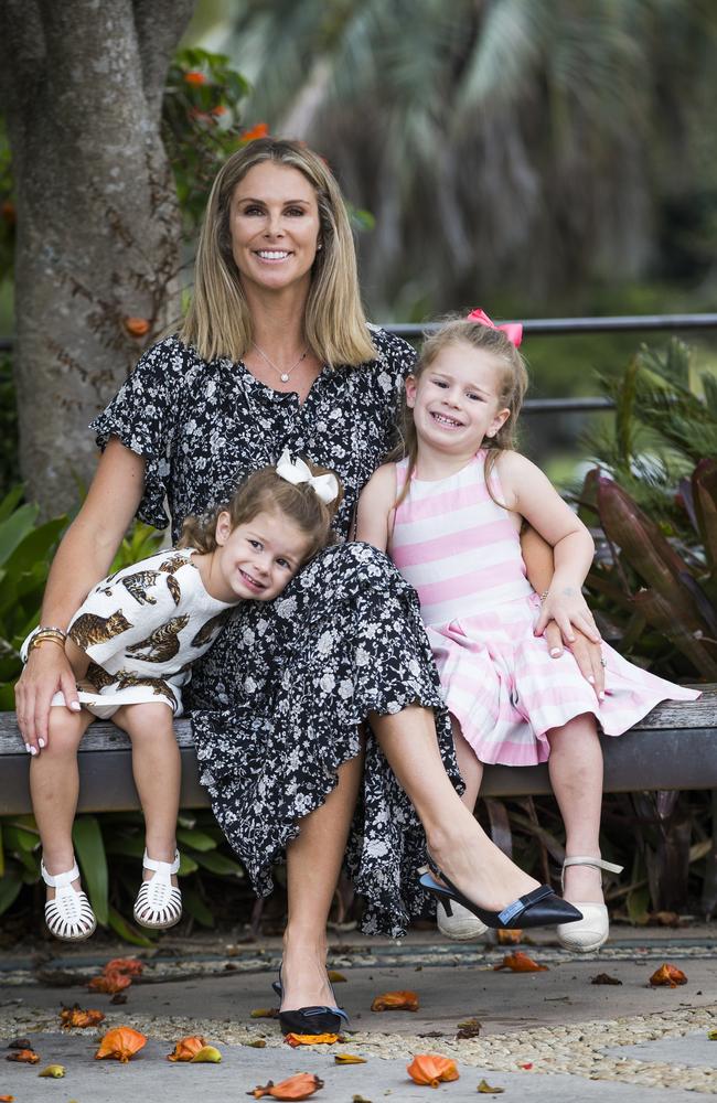 Candice Warner, with her daughters Indi, 2, and Ivy, 4, revealed she is having another girl. Picture: Dylan Robinson